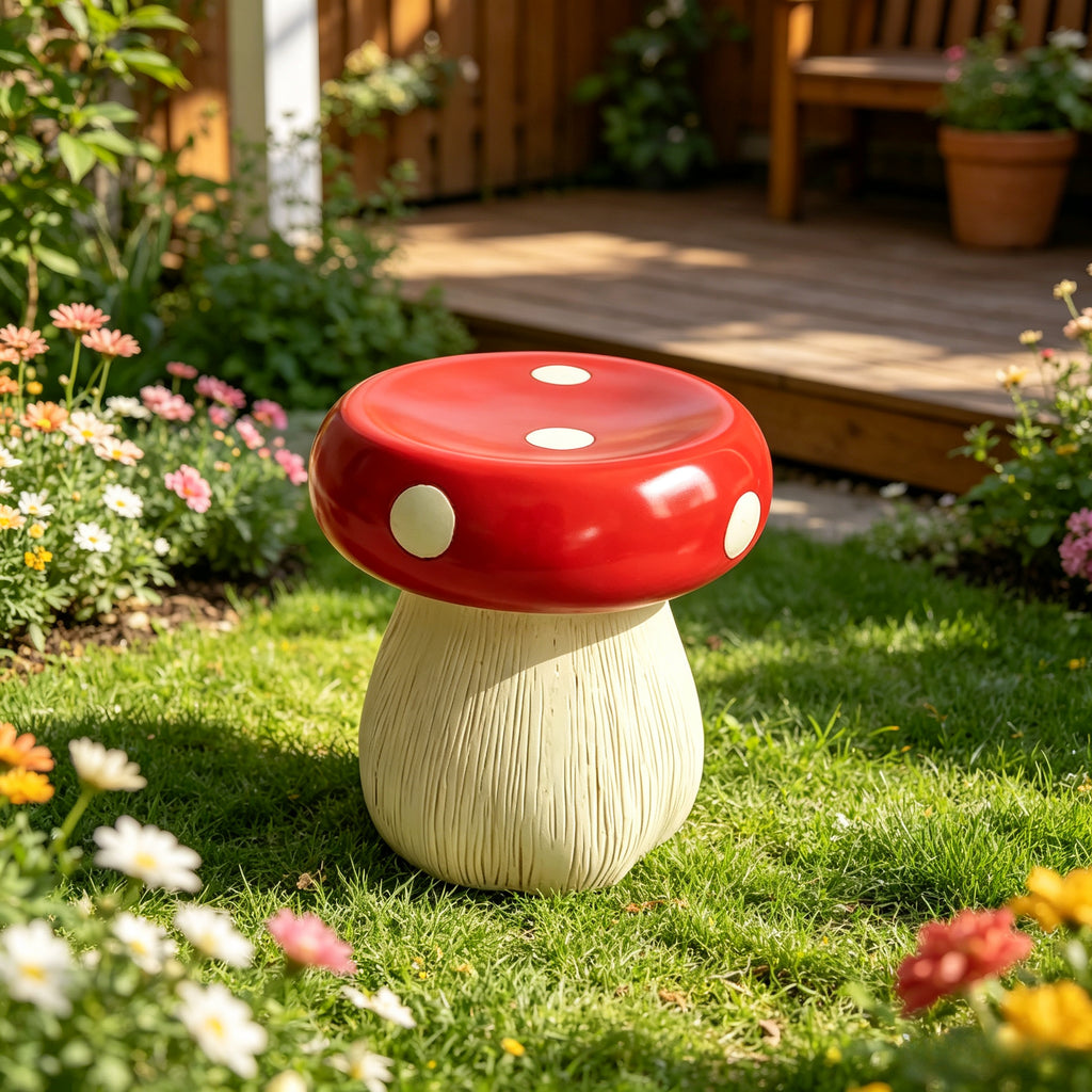 13.8" Oversized Mushroom Statue Stool, Resin Garden Stool with Forest Base – view 11