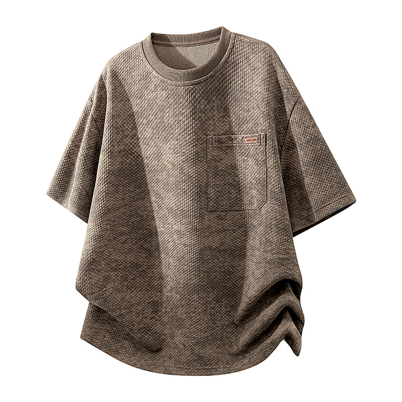 Men's Thin Striped Fake Two-Piece Stand Collar T-Shirt, Huamian Cotton Short Sleeve Outdoor Casual Top