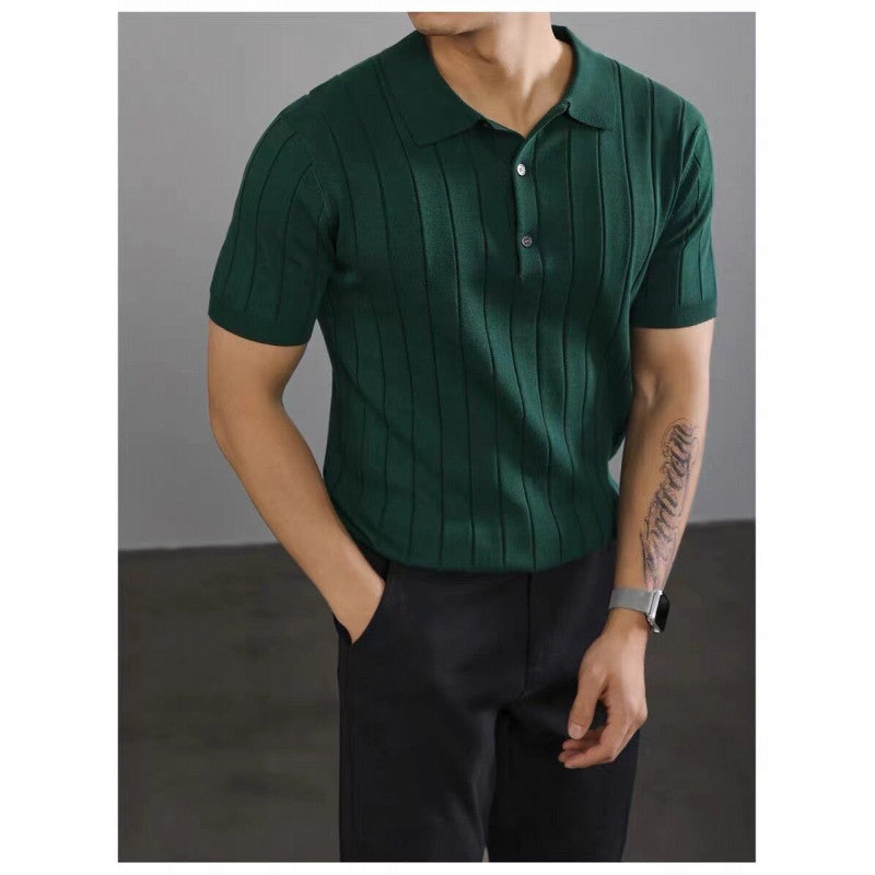 Men's Vintage Ribbed Ice Silk Knit Polo Shirt, Lapel Collar Mature Style Short Sleeve Top