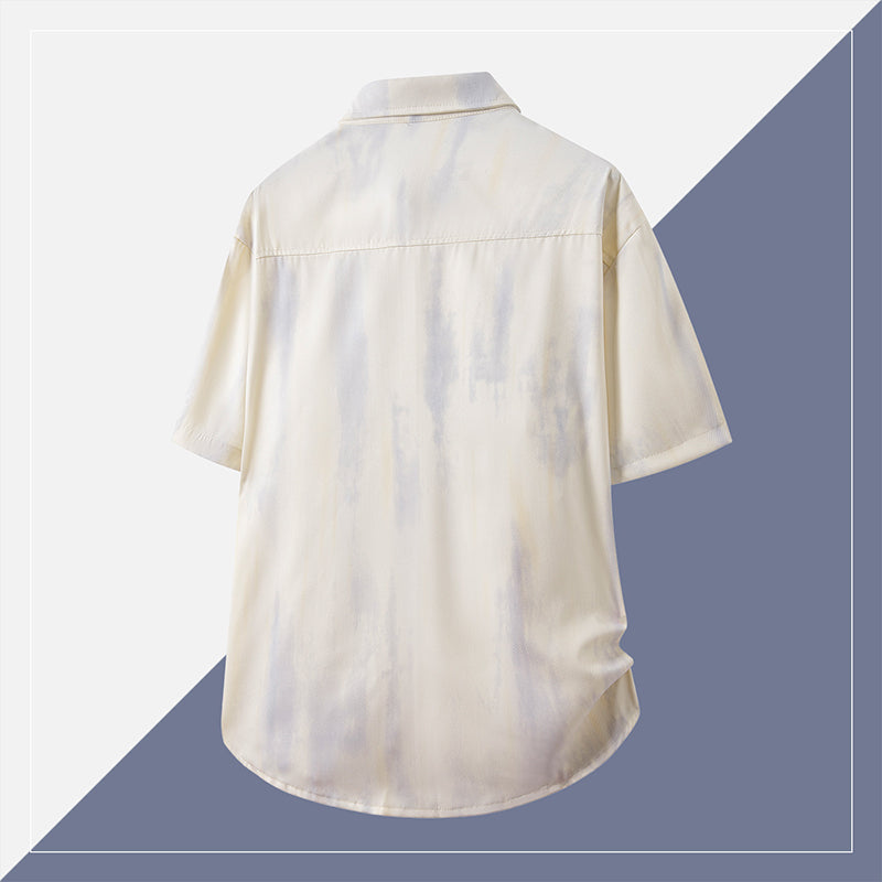 Men's Gradient Workwear Short-Sleeve Shirt, Summer New Tie-Dye Casual Loose Ice Silk Shirt, Fashion Teenagers Breathable Button Down Shirts