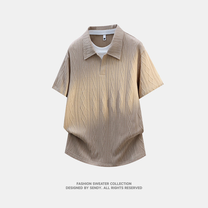 Men's Trendy Loose Jacquard Polo Fake Two-Piece Short Sleeve T-Shirt, Streetwear Half Sleeve Top for Students