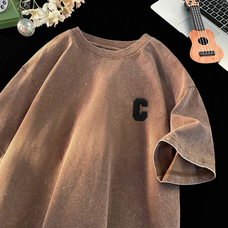 Men's American Vintage Washed Distressed Short Sleeve T-Shirt, Trendy Summer High Street Casual Tee Top