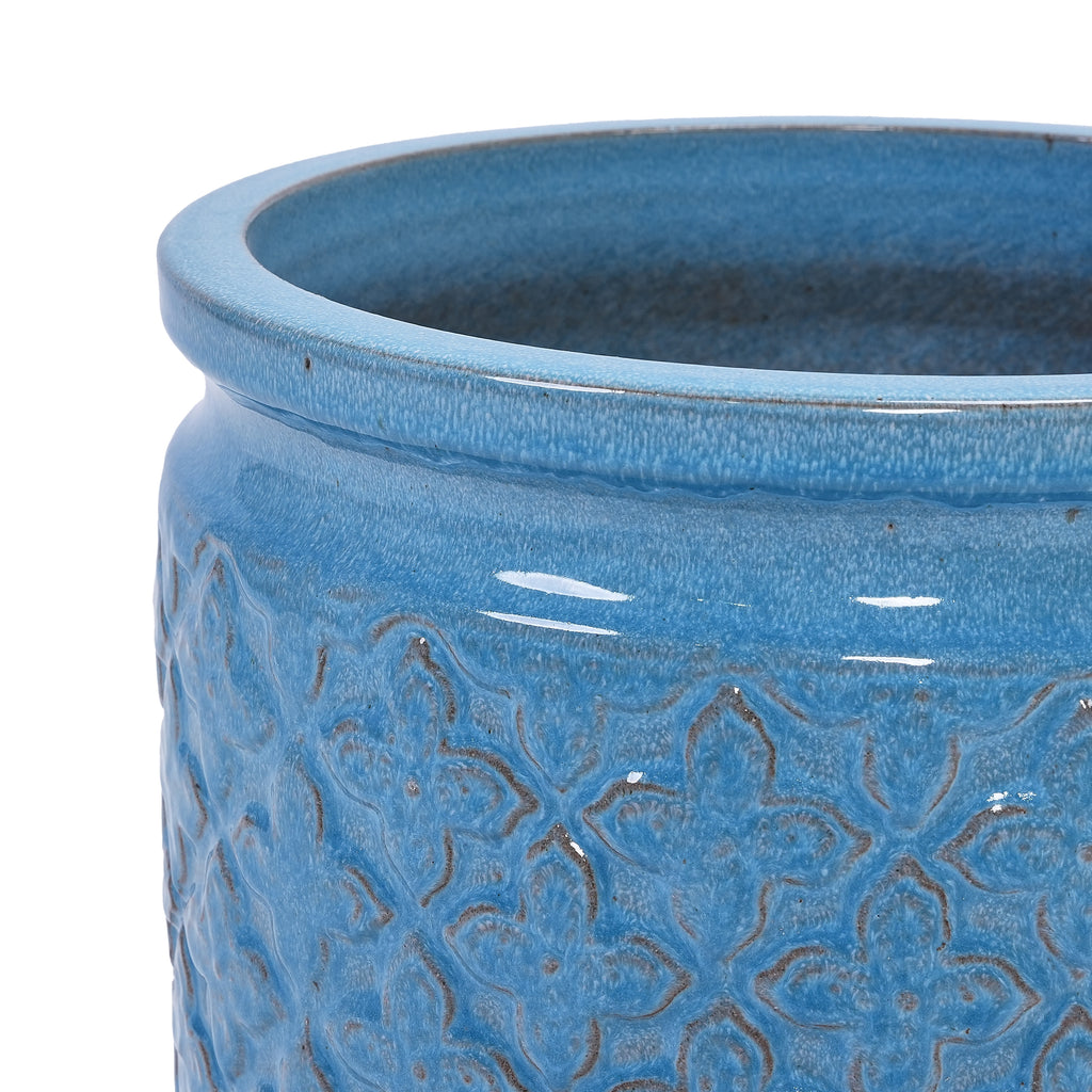 Handmade Ceramic Flower Pot Set of 3, 15/12/9 Inch Diameter, Blue with Geometric Pattern, for Orchids Indoor/Outdoor Use on Windowsill & Bookshelf, Breathable Clay