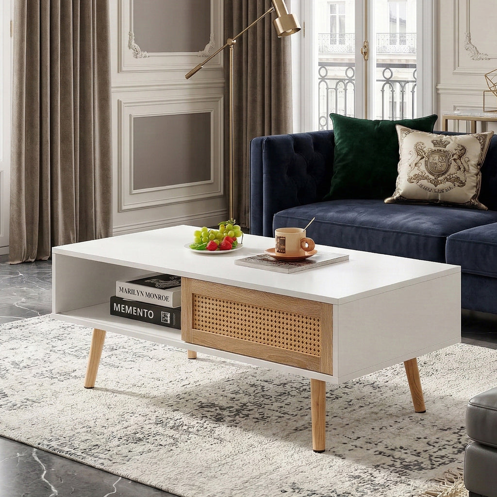 41.34" Rattan Coffee table, sliding door for storage, solid wood legs