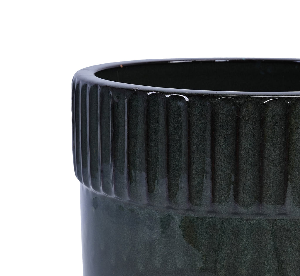 Handmade Ceramic Planter Set of 3, 15/12/9 Inch Diameter, Dark Green Vertical Ribbed Pattern, for Succulents Indoor/Outdoor Use on Windowsill & Bookshelf, Breathable Clay