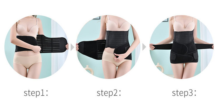 Three-step guide for layering the postpartum abdominal support belt