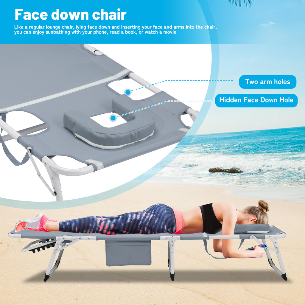 3-in-1 Heavy Duty Tanning Chair with Face Hole Adjustable 5-Position Folding Chaise – view 2