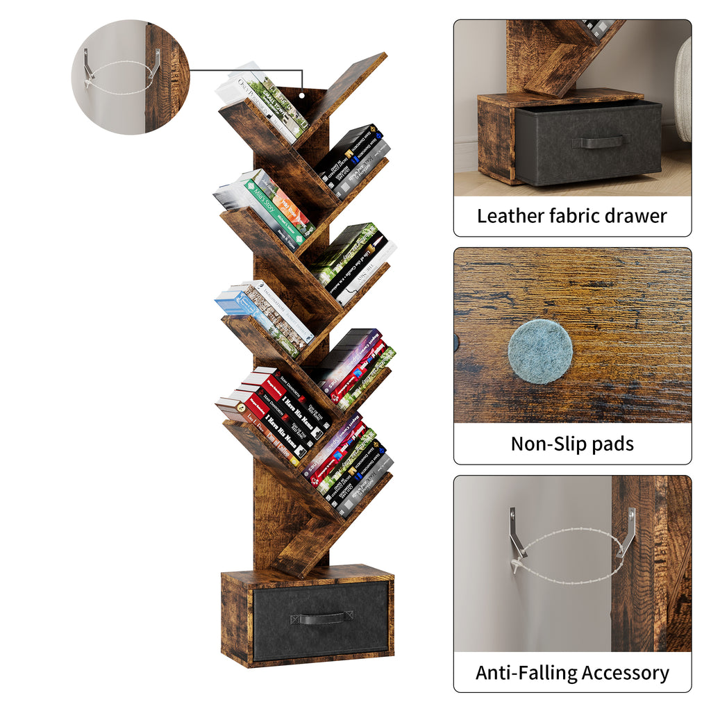 9-Tier Tree Bookshelf with Drawer