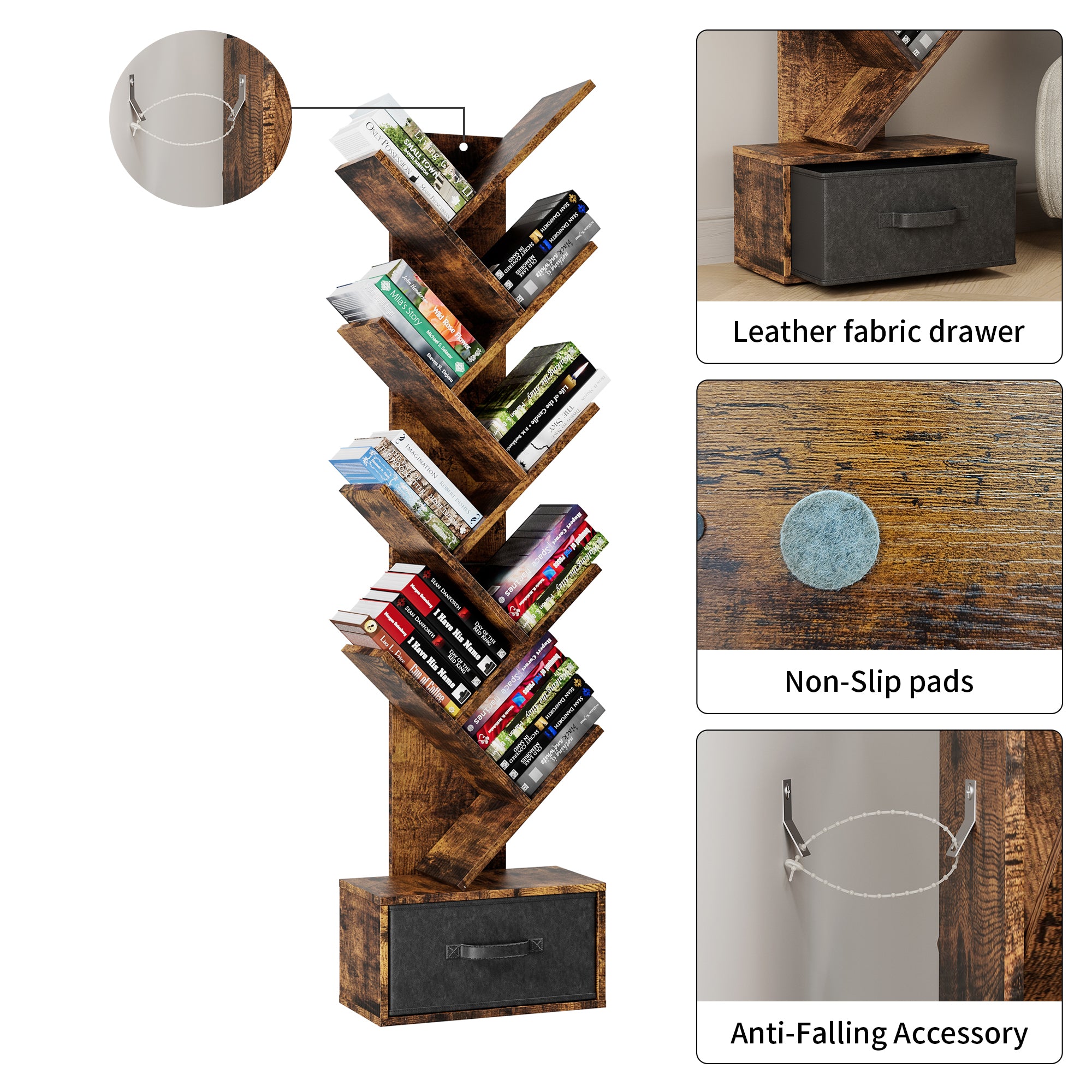 9-Tier Tree Bookshelf with Drawer