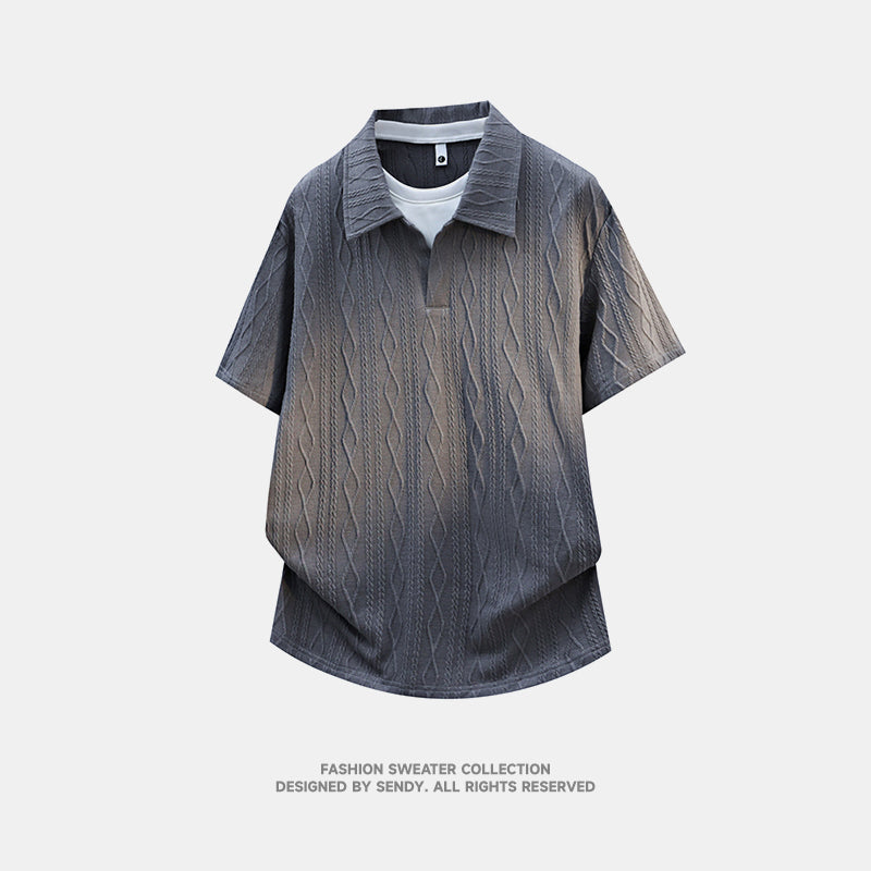 Men's Trendy Loose Jacquard Polo Fake Two-Piece Short Sleeve T-Shirt, Streetwear Half Sleeve Top for Students
