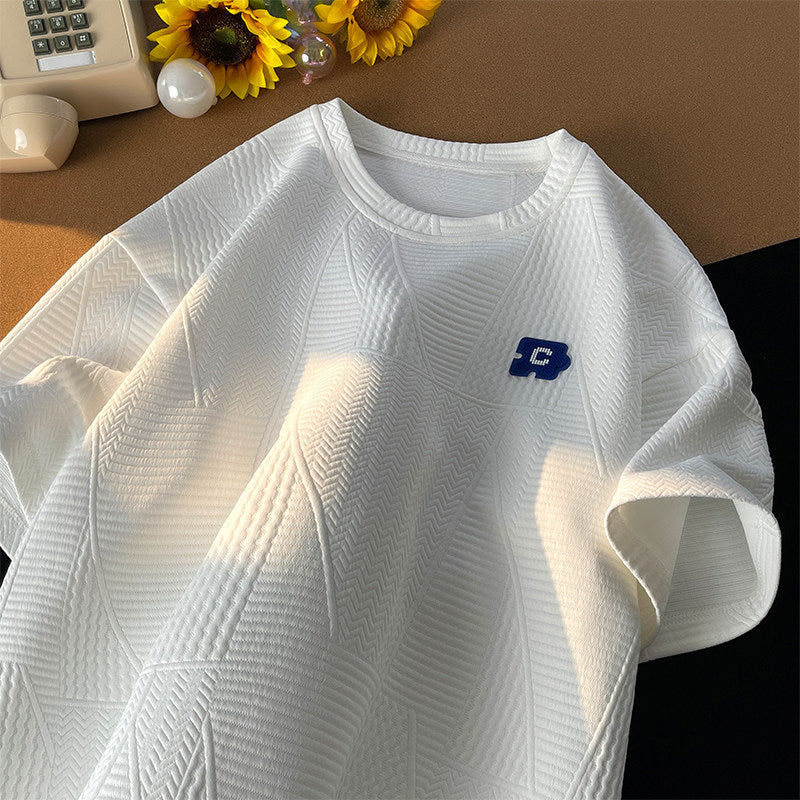Men's Plus Size Textured Short Sleeve T-Shirt, Summer Letter Brush Embroidery Casual Loose Tee