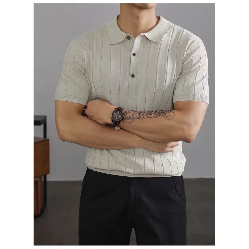 Men's Vintage Ribbed Ice Silk Knit Polo Shirt, Lapel Collar Mature Style Short Sleeve Top
