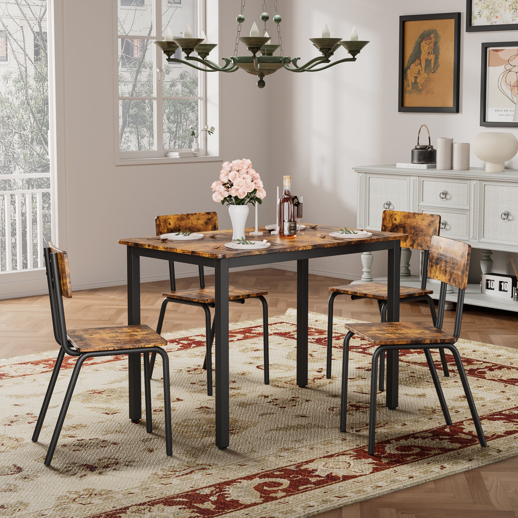 5-Piece Dining Table Set with 4 Chairs, 43" Kitchen Table & Chairs Set for 4, Dining Room Table with Metal Frame & MDF Board, Perfect for Small Space, Easy Clean