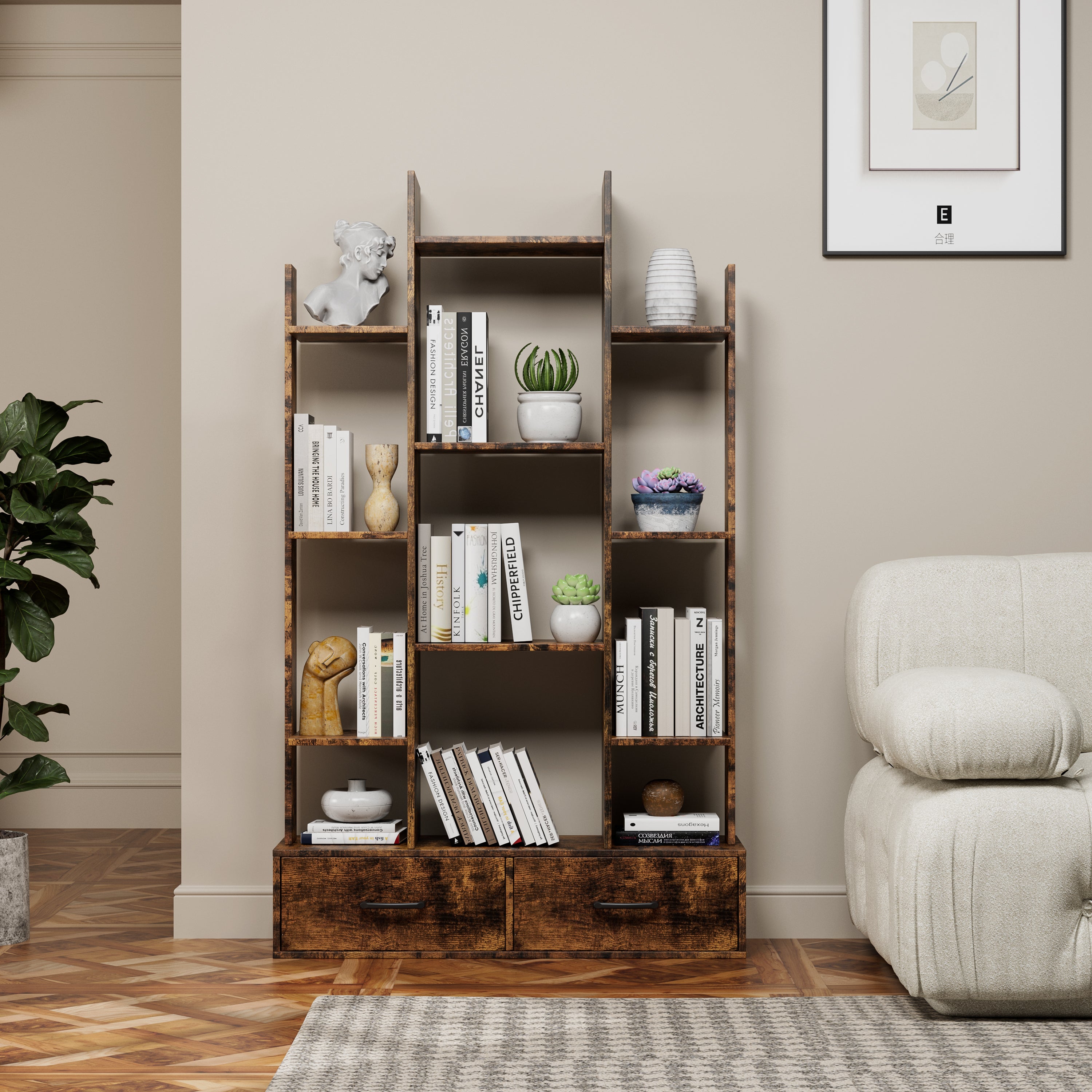 12-Shelf Tree Bookcase with 2 Drawers