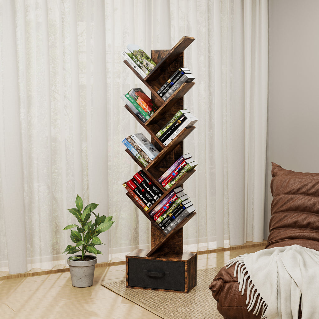 9-Tier Tree Bookshelf with Drawer