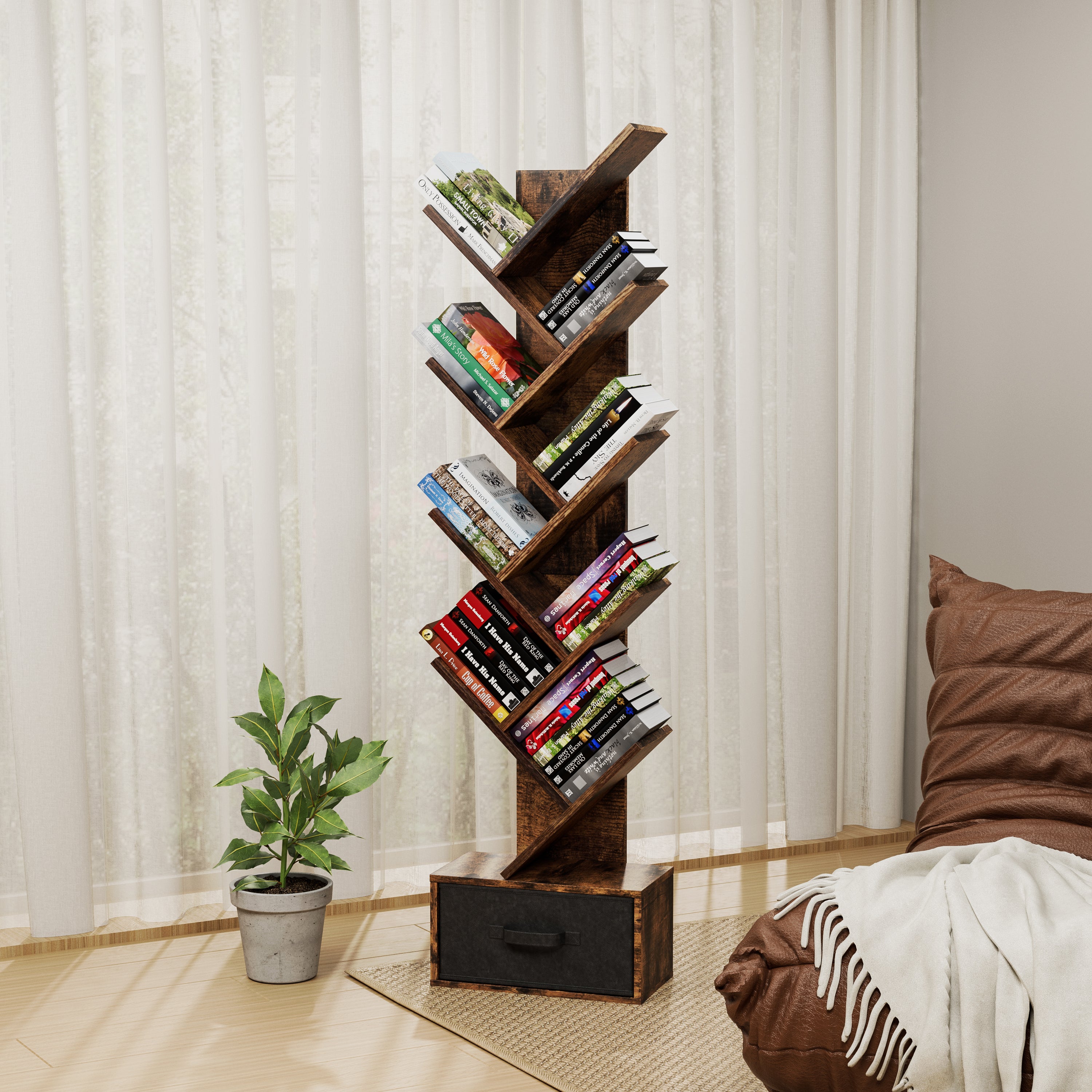 9-Tier Tree Bookshelf with Drawer