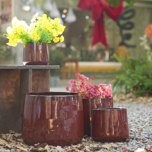 Handmade Solid Glazed Ceramic Planter Set of 4, 14/11/9/7 Inch Diameter, for Succulents and Cacti, Outdoor Garden & Indoor Stairs Use, Breathable Clay with Drainage Holes