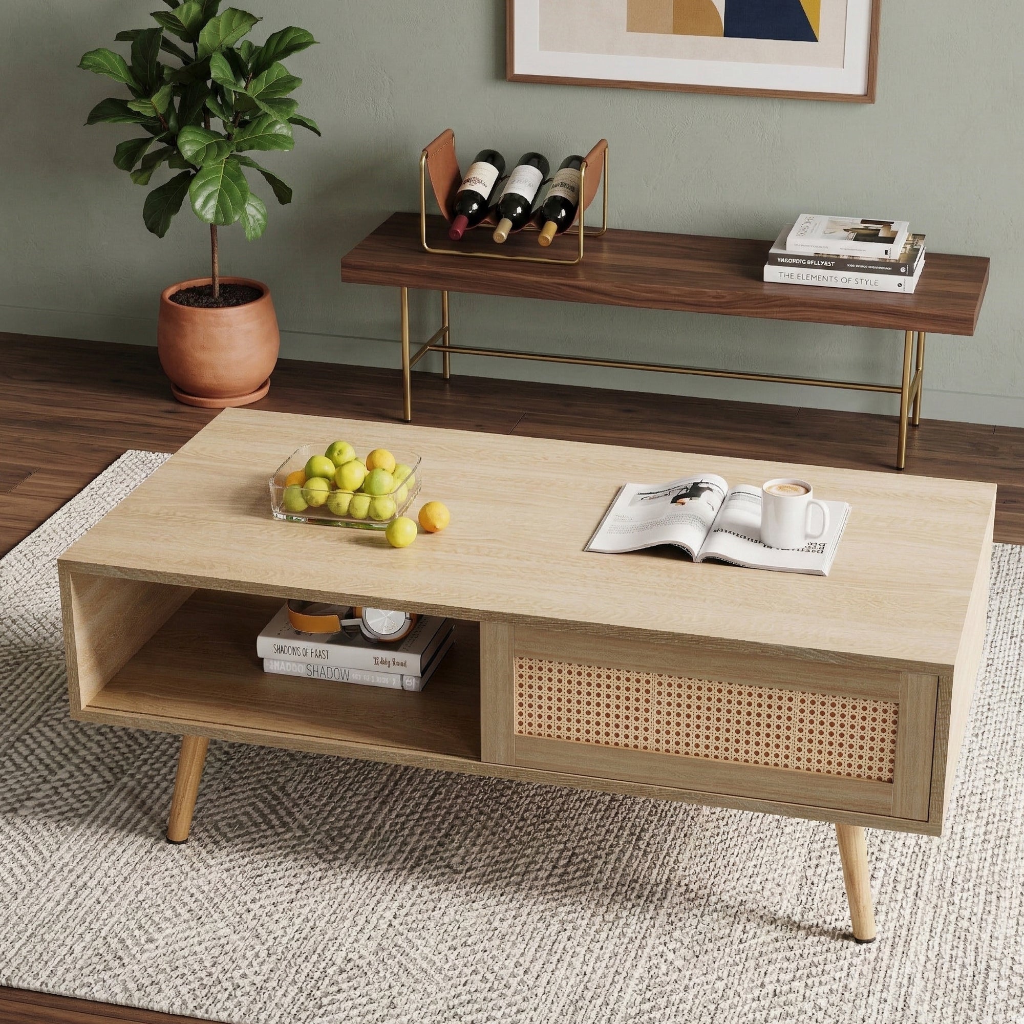 41.34" Rattan Coffee table, sliding door for storage, solid wood legs – view 3