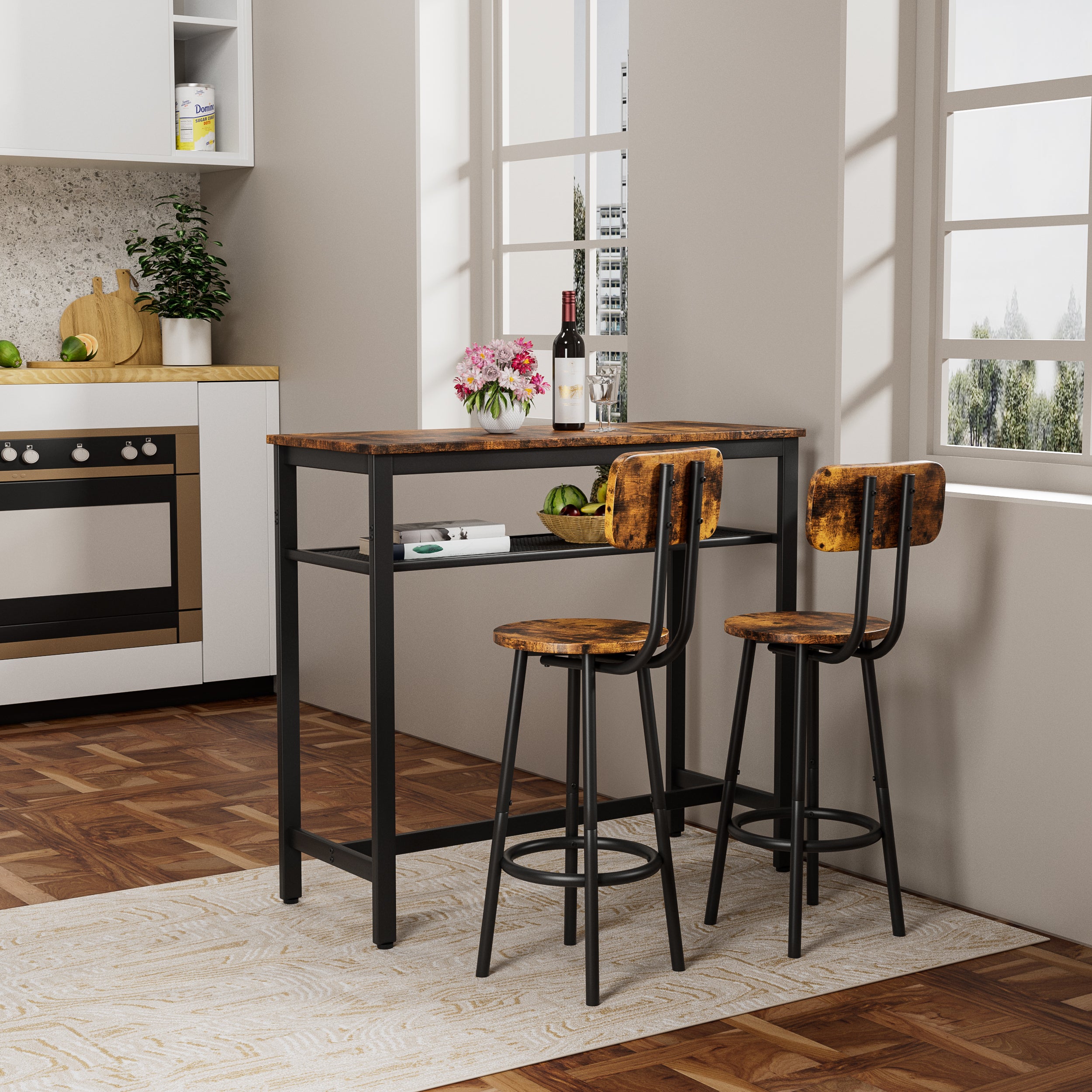 Bar table, equipped with 2 bar stools , with backrest and partition (Rustic Brown)