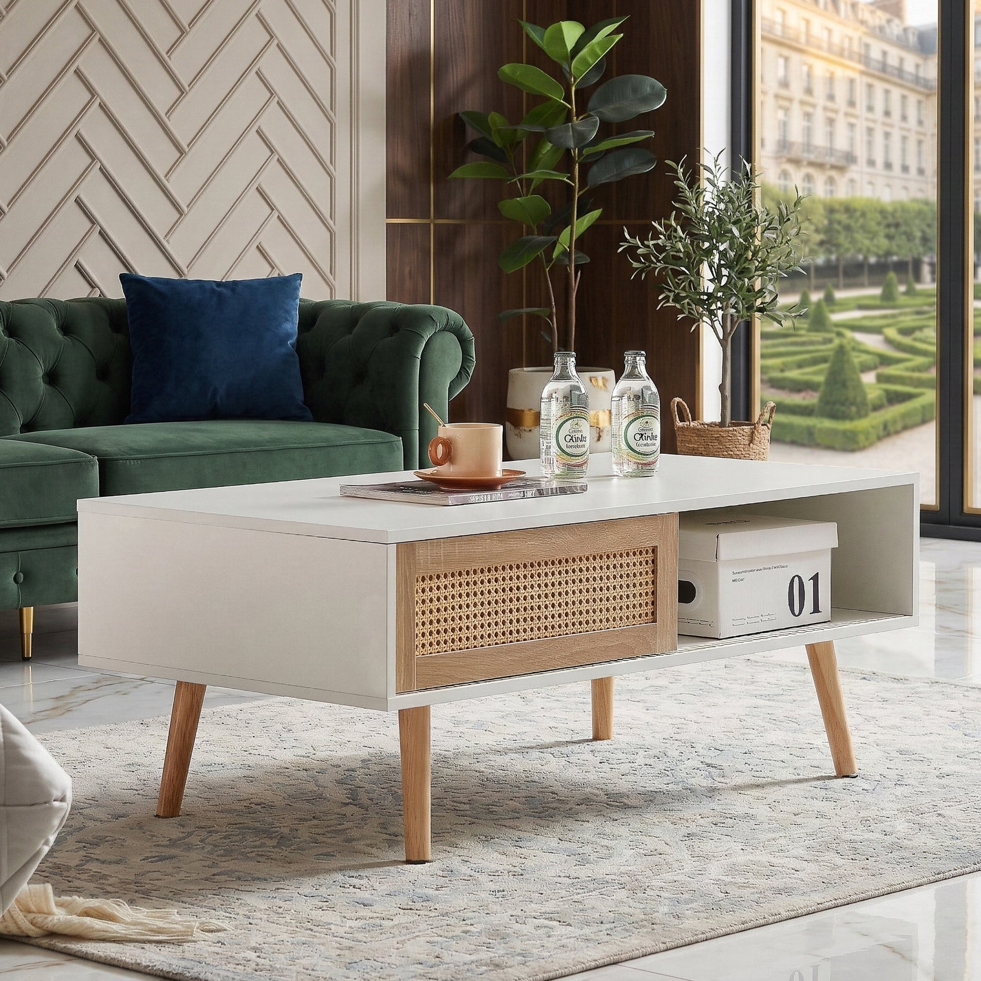 41.34" Rattan Coffee table, sliding door for storage, solid wood legs – view 4