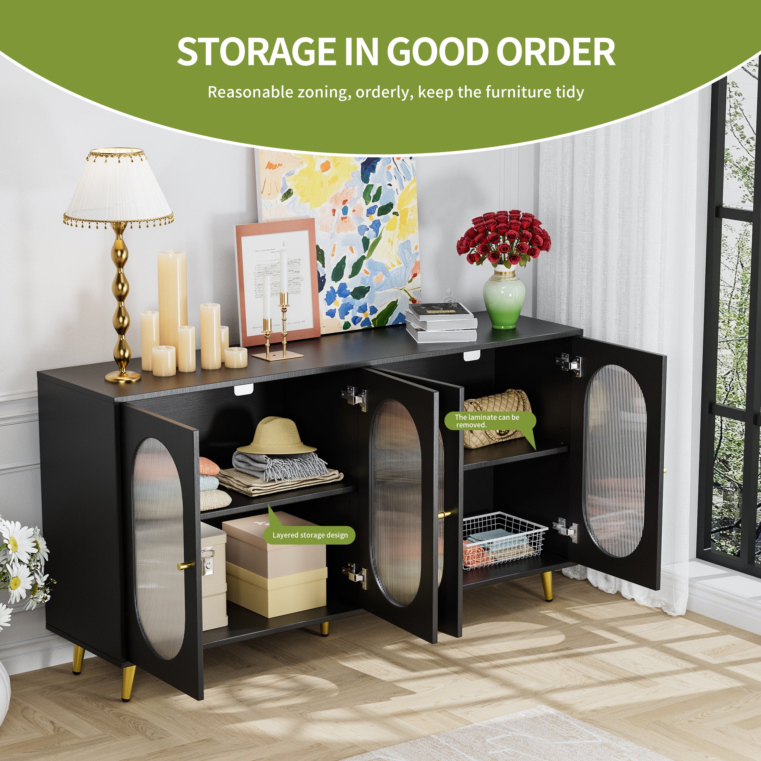 Modern Accent Sideboard Cabinet with Acrylic Doors, Freestanding Storage Cupboard Console Table for Kitchen Dining Living Room Hallway Office