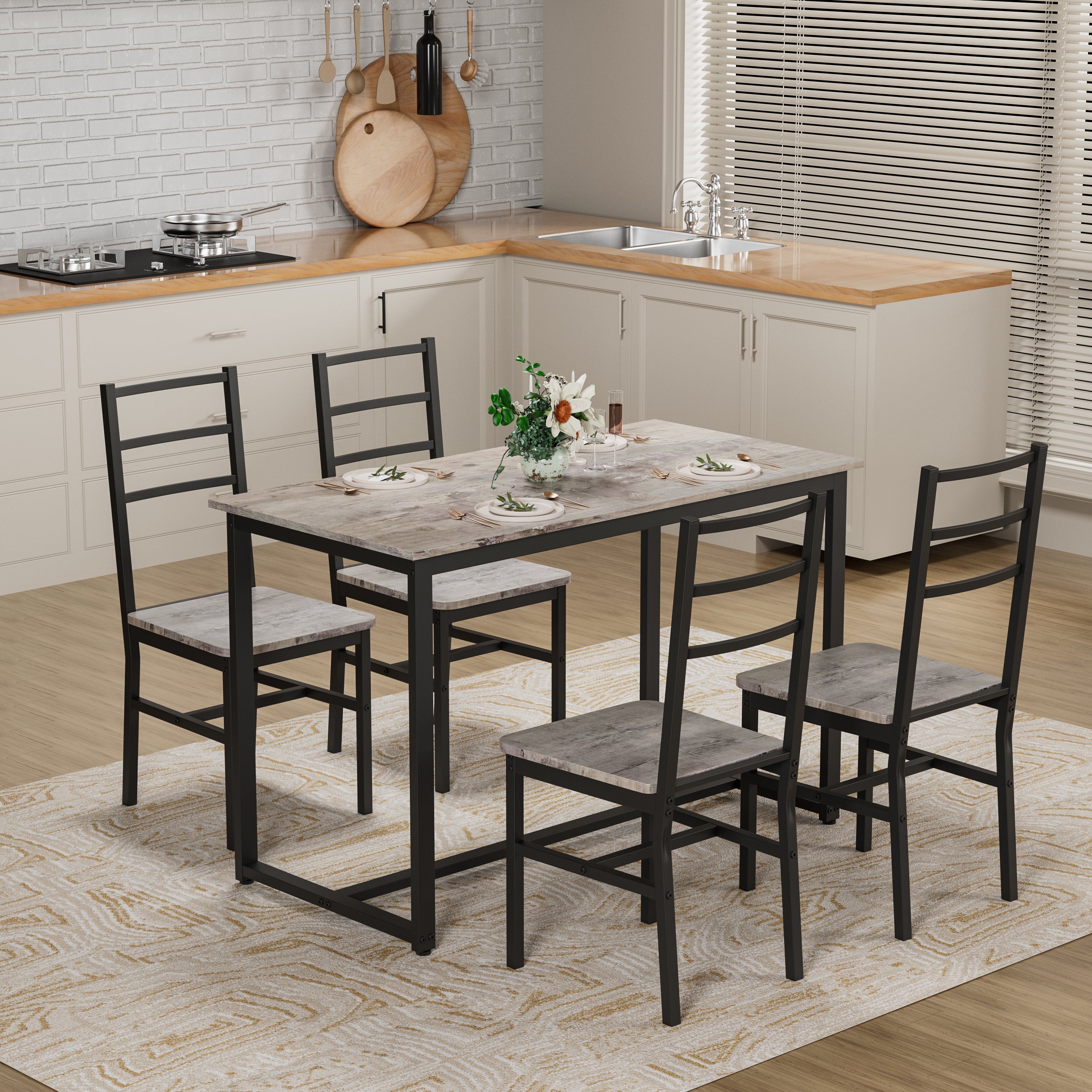 Dining Table Set for 4, 5 pieces Farmhouse Dinette Set with 4 chairs, Mid-Century Modern Dining Table and Chairs Set for Kitchen, Dining Room