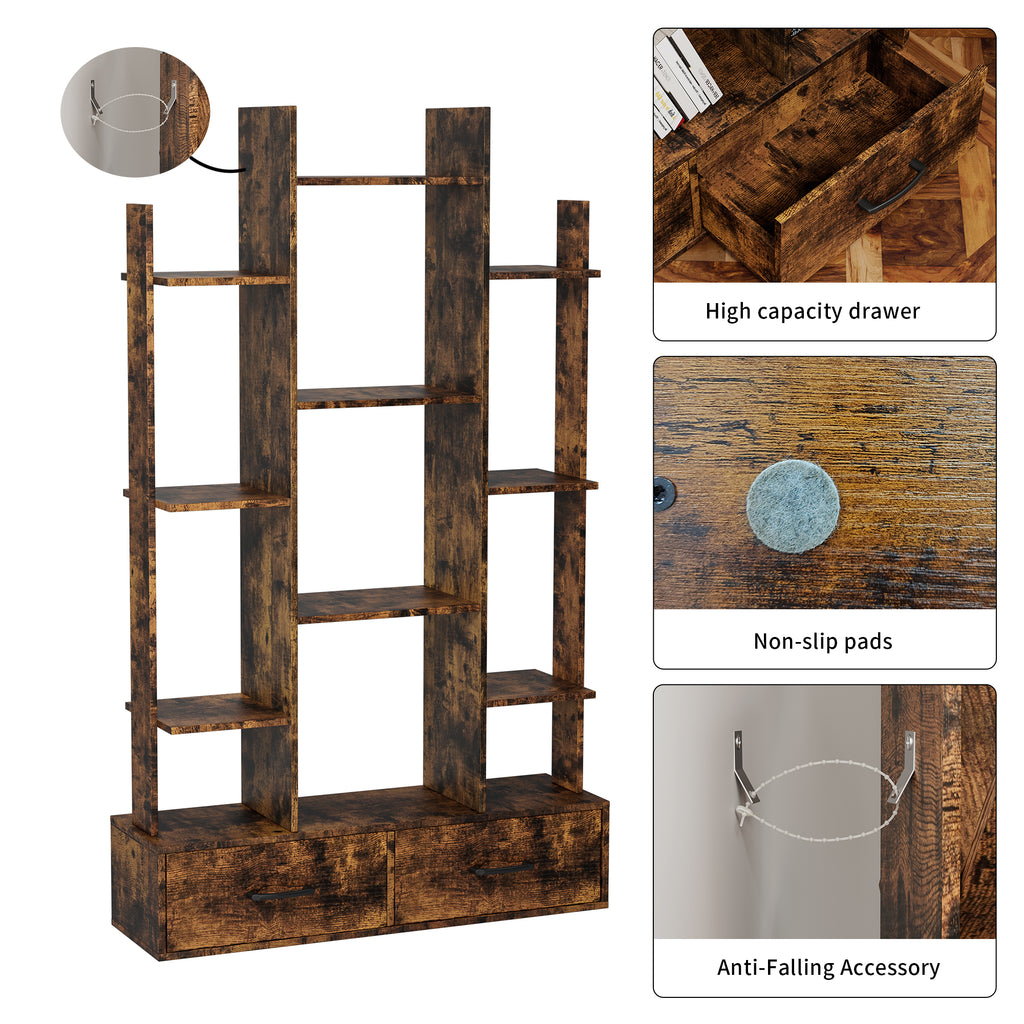 12-Shelf Tree Bookcase with 2 Drawers