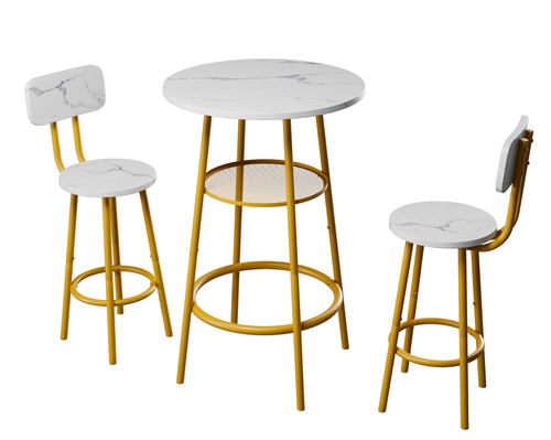 3 Pcs Dining Table and Chairs Set with 2 Stools Dining Table Set Faux Marble Tabletop for Home or Hotel Dining Room, Kitchen or Bar