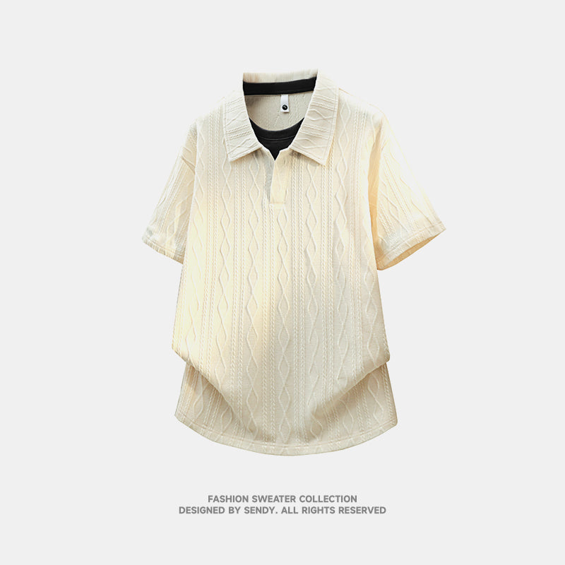 Men's Trendy Loose Jacquard Polo Fake Two-Piece Short Sleeve T-Shirt, Streetwear Half Sleeve Top for Students