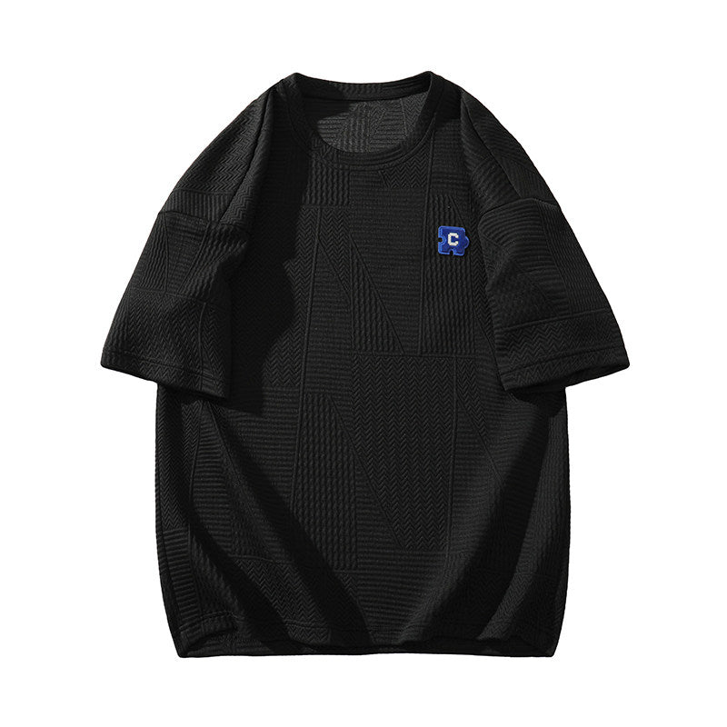 Men's Plus Size Textured Short Sleeve T-Shirt, Summer Letter Brush Embroidery Casual Loose Tee