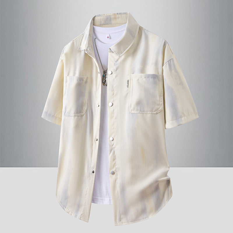 Men's Gradient Workwear Short-Sleeve Shirt, Summer New Tie-Dye Casual Loose Ice Silk Shirt, Fashion Teenagers Breathable Button Down Shirts