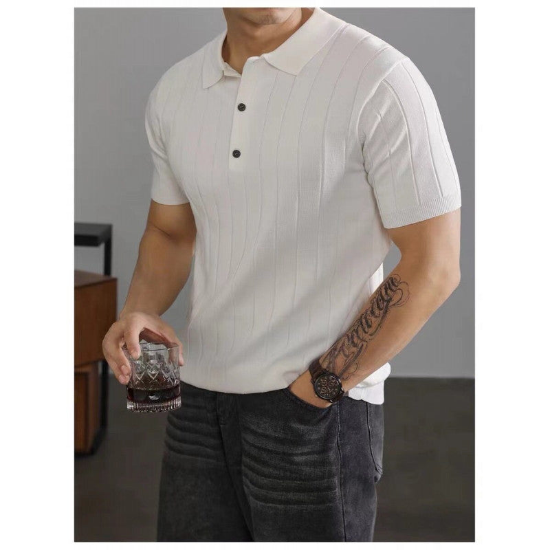 Men's Vintage Ribbed Ice Silk Knit Polo Shirt, Lapel Collar Mature Style Short Sleeve Top