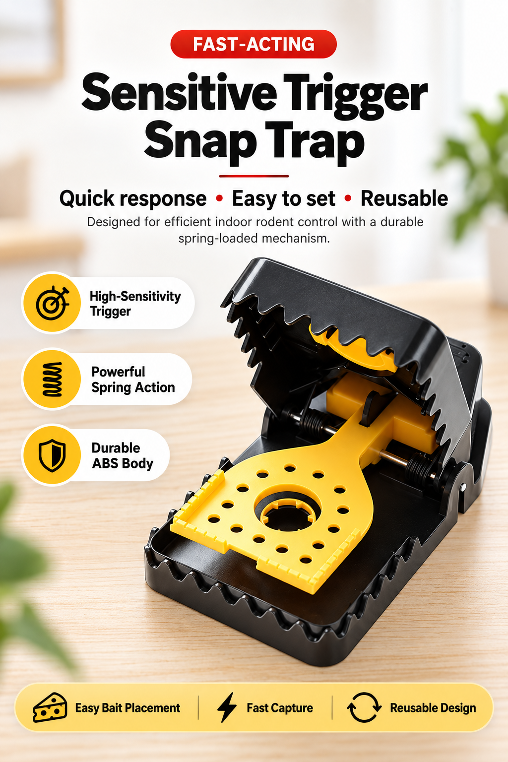 LUVEKON 4-Pack High-Sensitivity Reusable Mouse Traps – Quick-Set Snap Traps for Home, Kitchen, Garage & Storage Areas