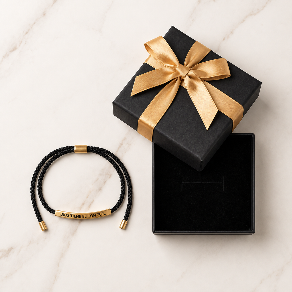 Bracelet and black presentation box with gold ribbon