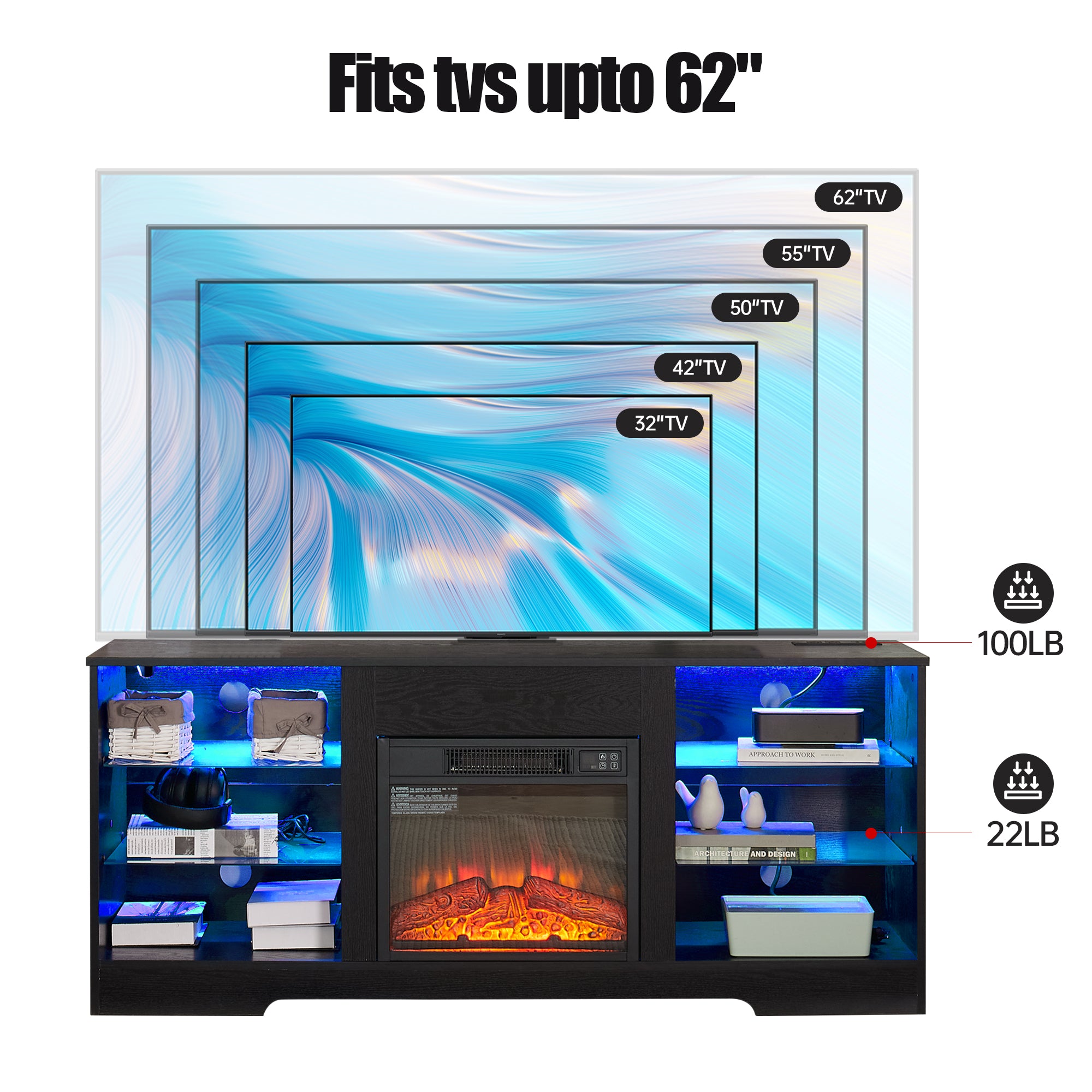 TV Stand Electric Fireplace TV Stand with Glass Shelves – view 3