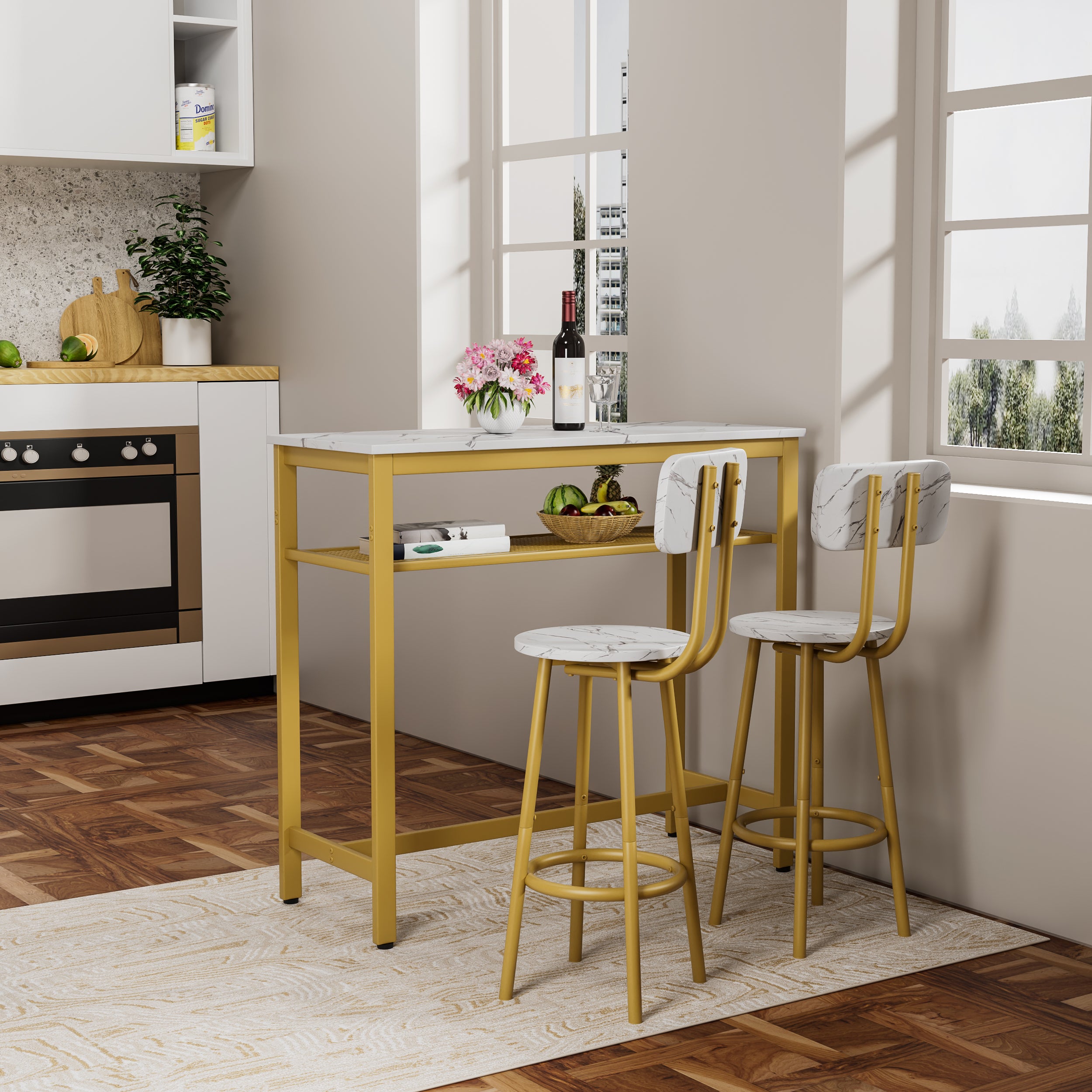 Dining Table Set with 2 Stools,3 Piece Counter Height for Kitchen, Living Room, Small Apartment Breakfast Table White Faux Marble Top