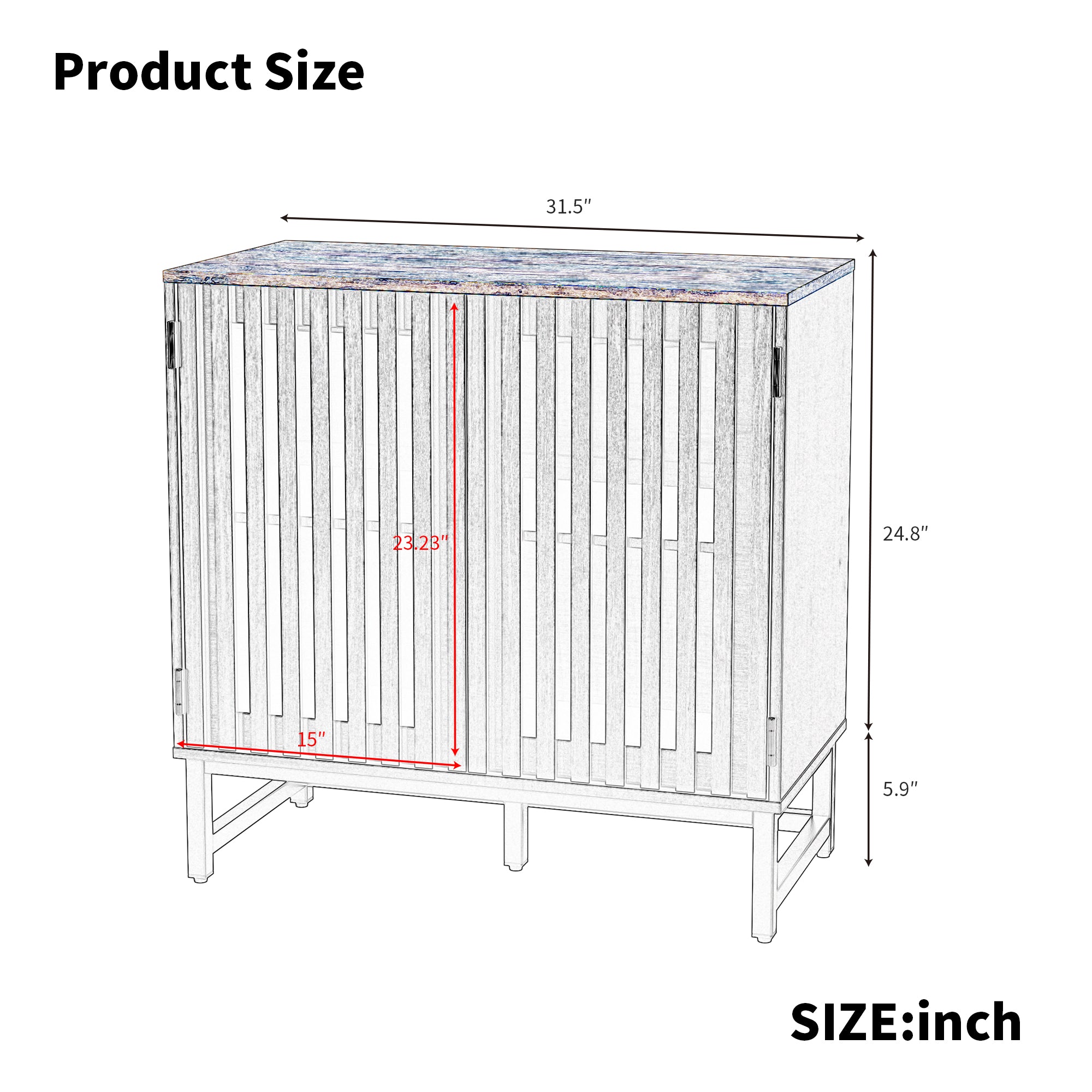 Cabinet with Slatted Grille Striped Door, Modern Style Cabinet, High-Quality MDF and Metal Leg