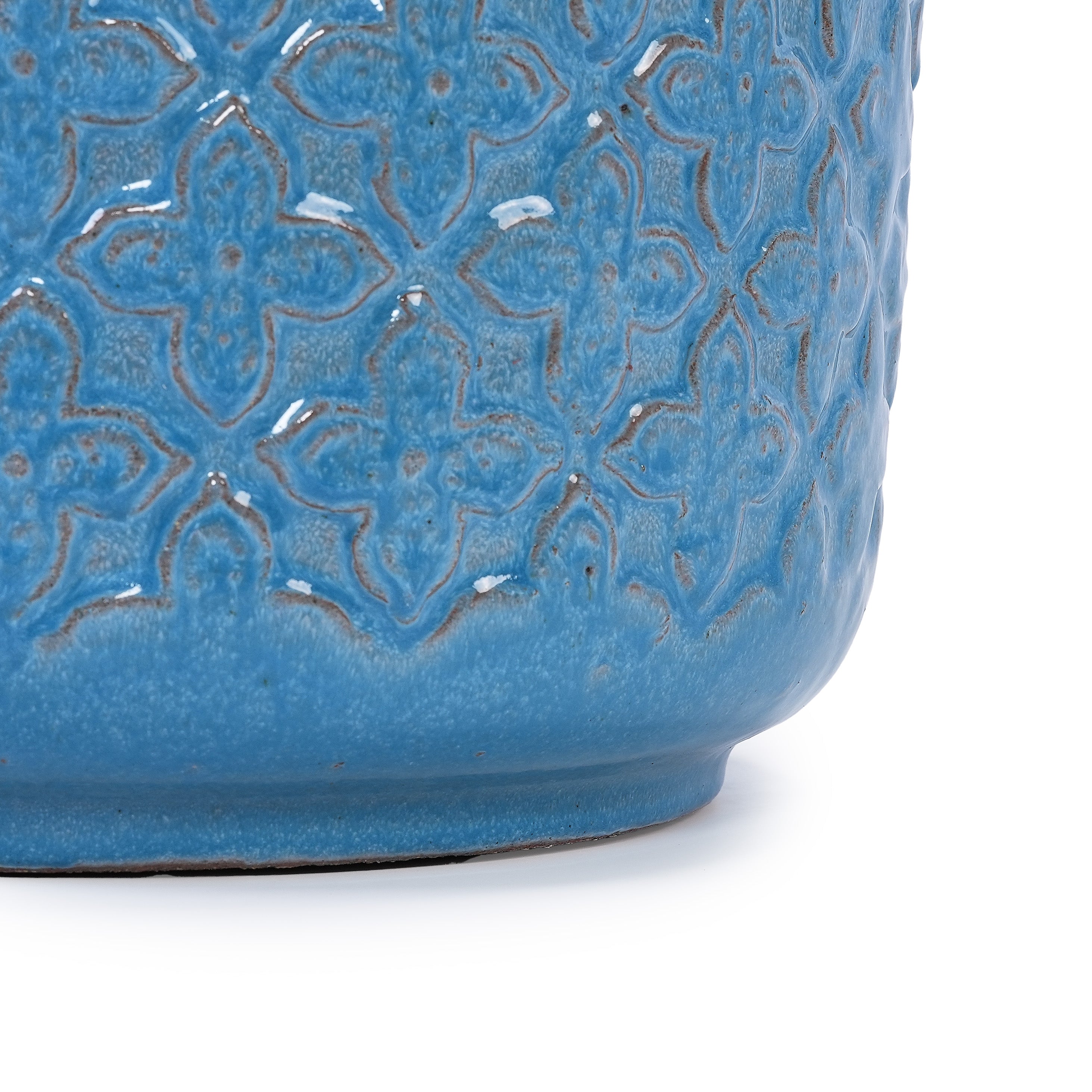Handmade Ceramic Flower Pot Set of 3, 15/12/9 Inch Diameter, Blue with Geometric Pattern, for Orchids Indoor/Outdoor Use on Windowsill & Bookshelf, Breathable Clay
