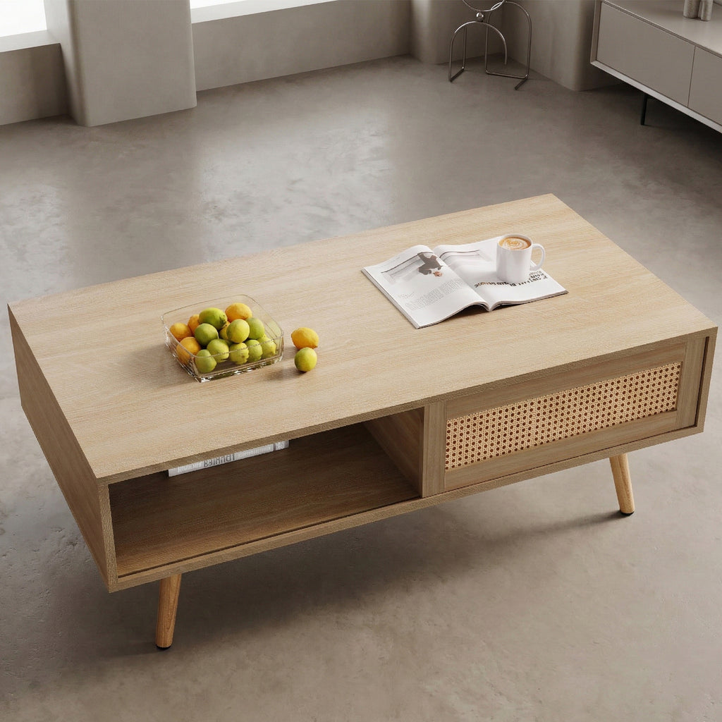 41.34" Rattan Coffee table, sliding door for storage, solid wood legs – view 5