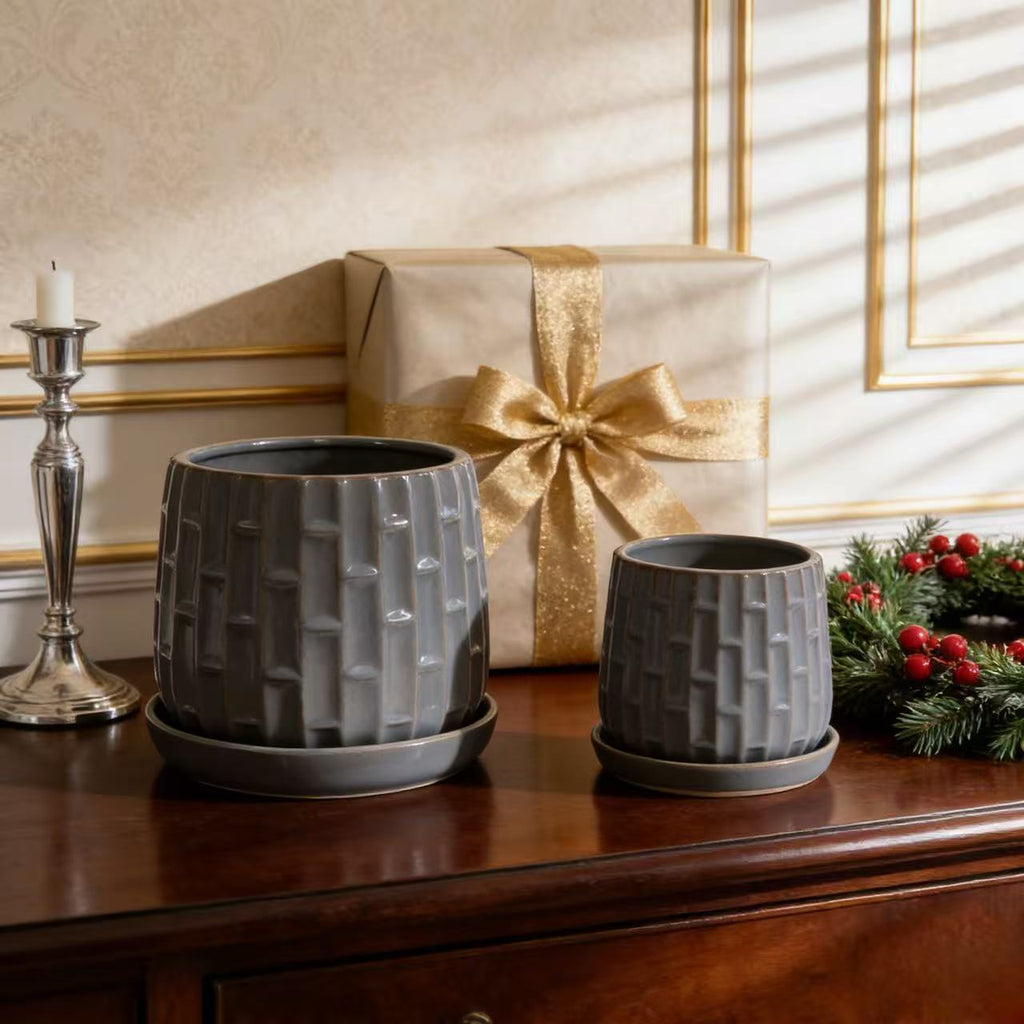Handmade Ceramic Flower Pot with Groove Pattern, 6 & 8 Inch Diameter, Indoor/Outdoor Use on Windowsill & Bookshelf, Breathable Clay with Saucer