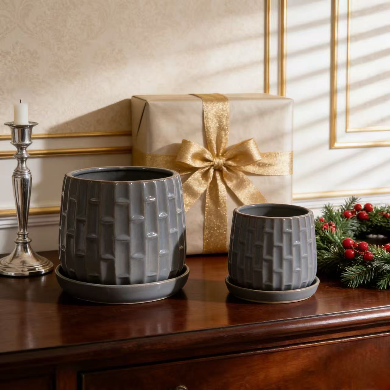 Handmade Ceramic Flower Pot with Groove Pattern, 6 & 8 Inch Diameter, Indoor/Outdoor Use on Windowsill & Bookshelf, Breathable Clay with Saucer