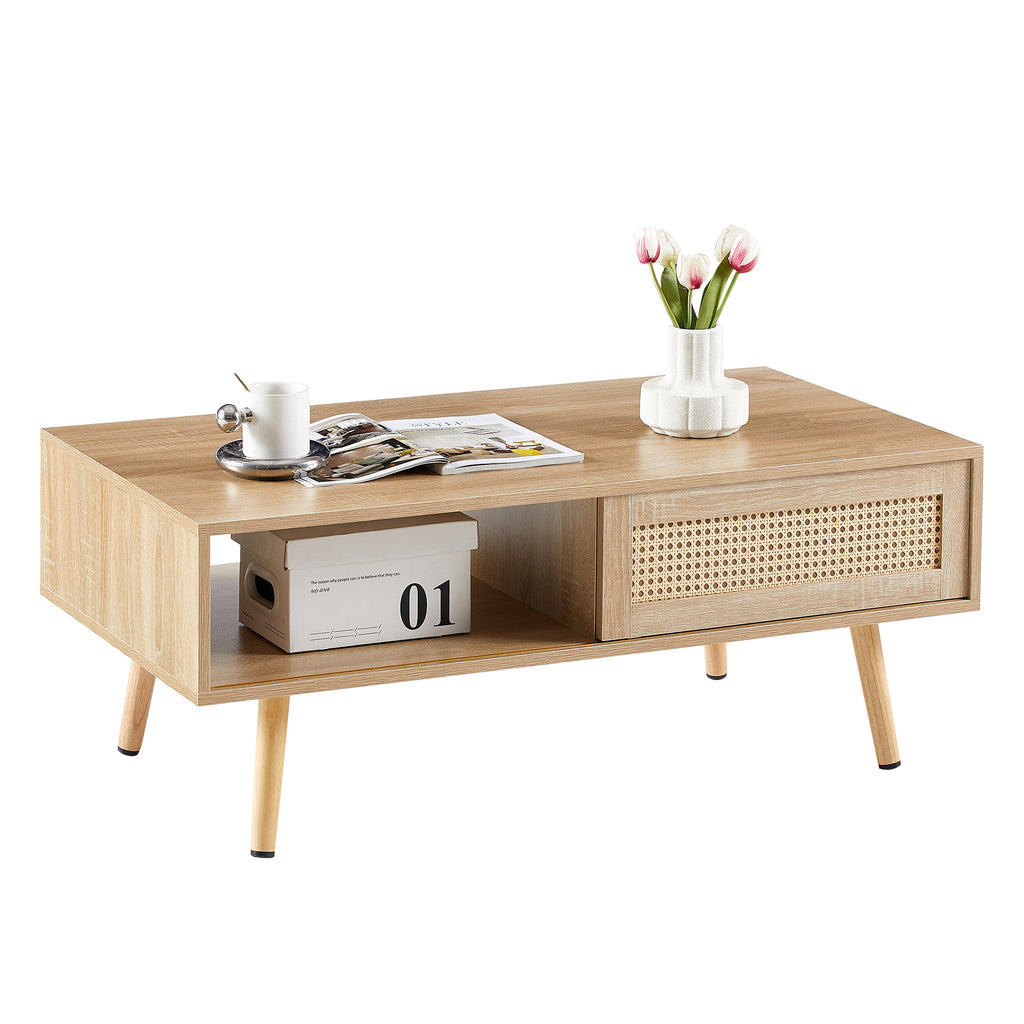 41.34" Rattan Coffee table, sliding door for storage, solid wood legs – view 6