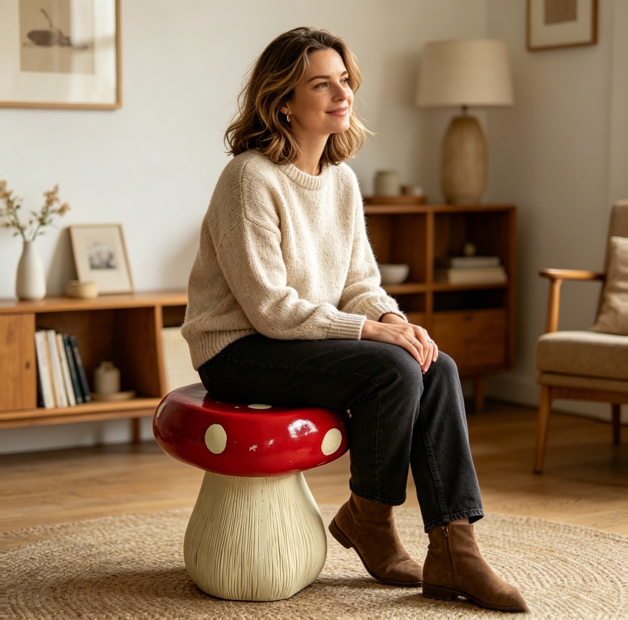 13.8" Oversized Mushroom Statue Stool, Resin Garden Stool with Forest Base – view 5