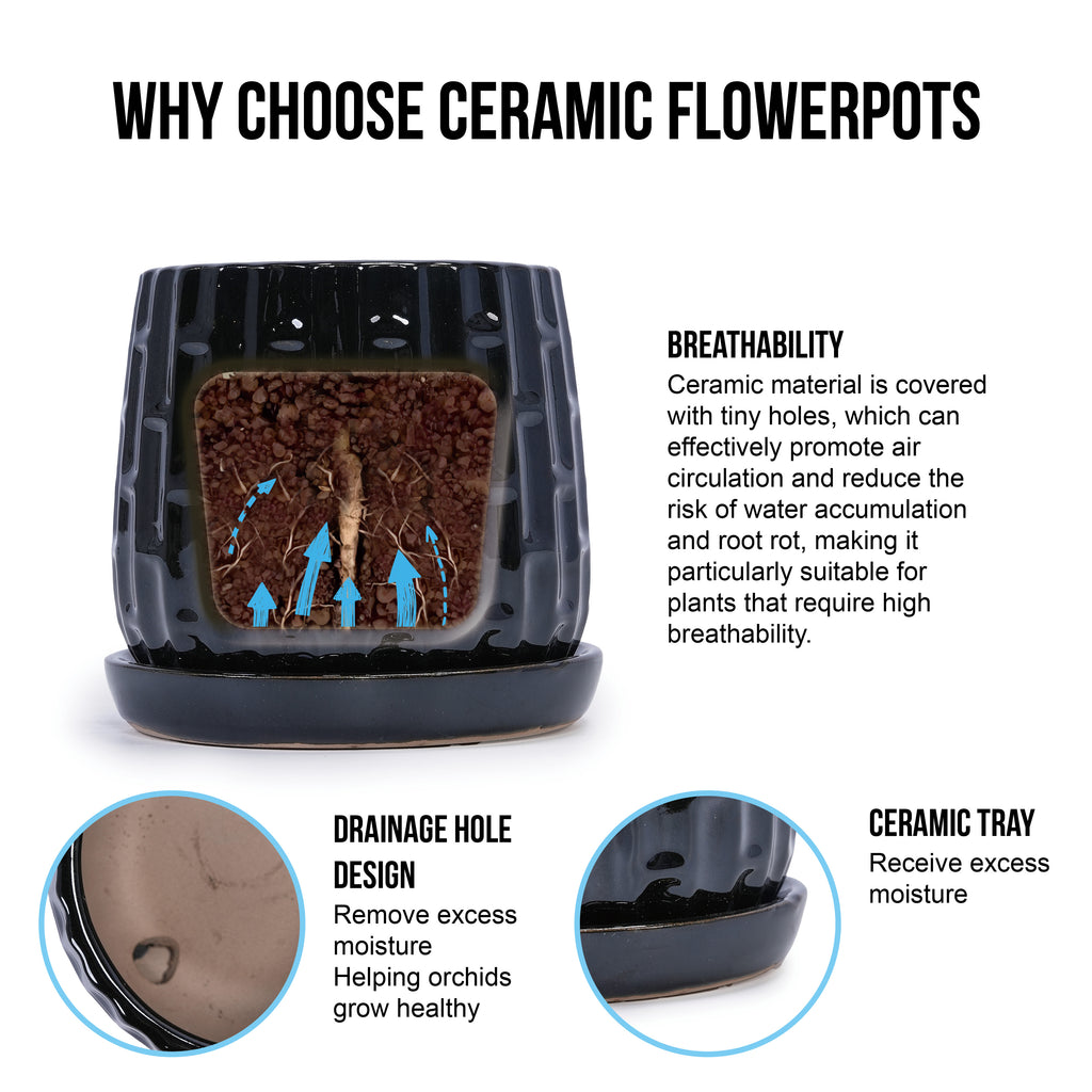 Handmade Ceramic Flower Pot with Groove Pattern, 6 & 8 Inch Diameter, Indoor/Outdoor Use on Windowsill & Bookshelf, Breathable Clay with Saucer