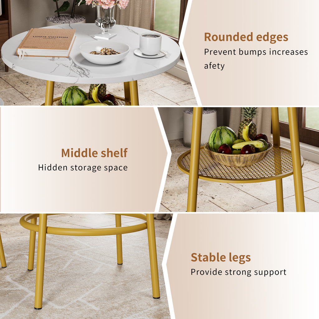 3 Pcs Dining Table and Chairs Set with 2 Stools Dining Table Set Faux Marble Tabletop for Home or Hotel Dining Room, Kitchen or Bar