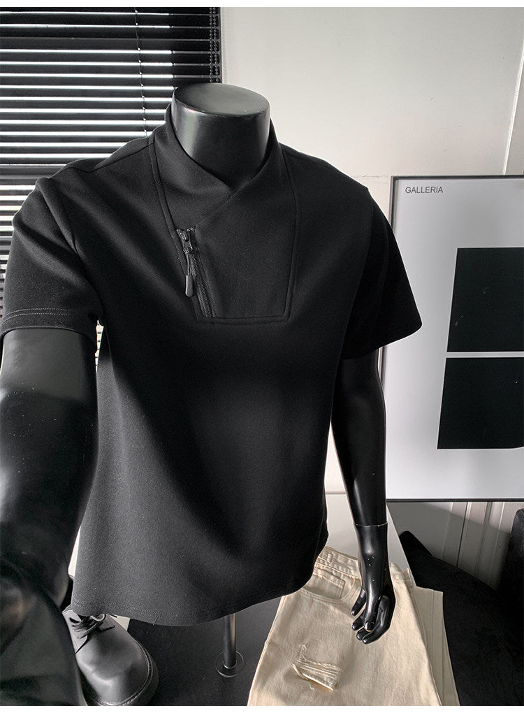 Men's Huamian Cotton Diagonal Zipper V-neck Short Sleeve T-Shirt