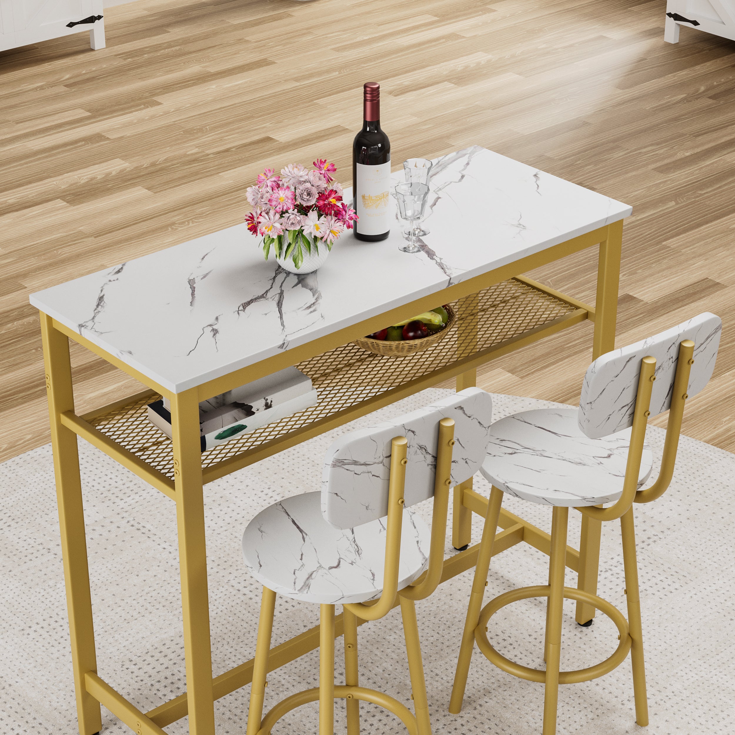Dining Table Set with 2 Stools,3 Piece Counter Height for Kitchen, Living Room, Small Apartment Breakfast Table White Faux Marble Top