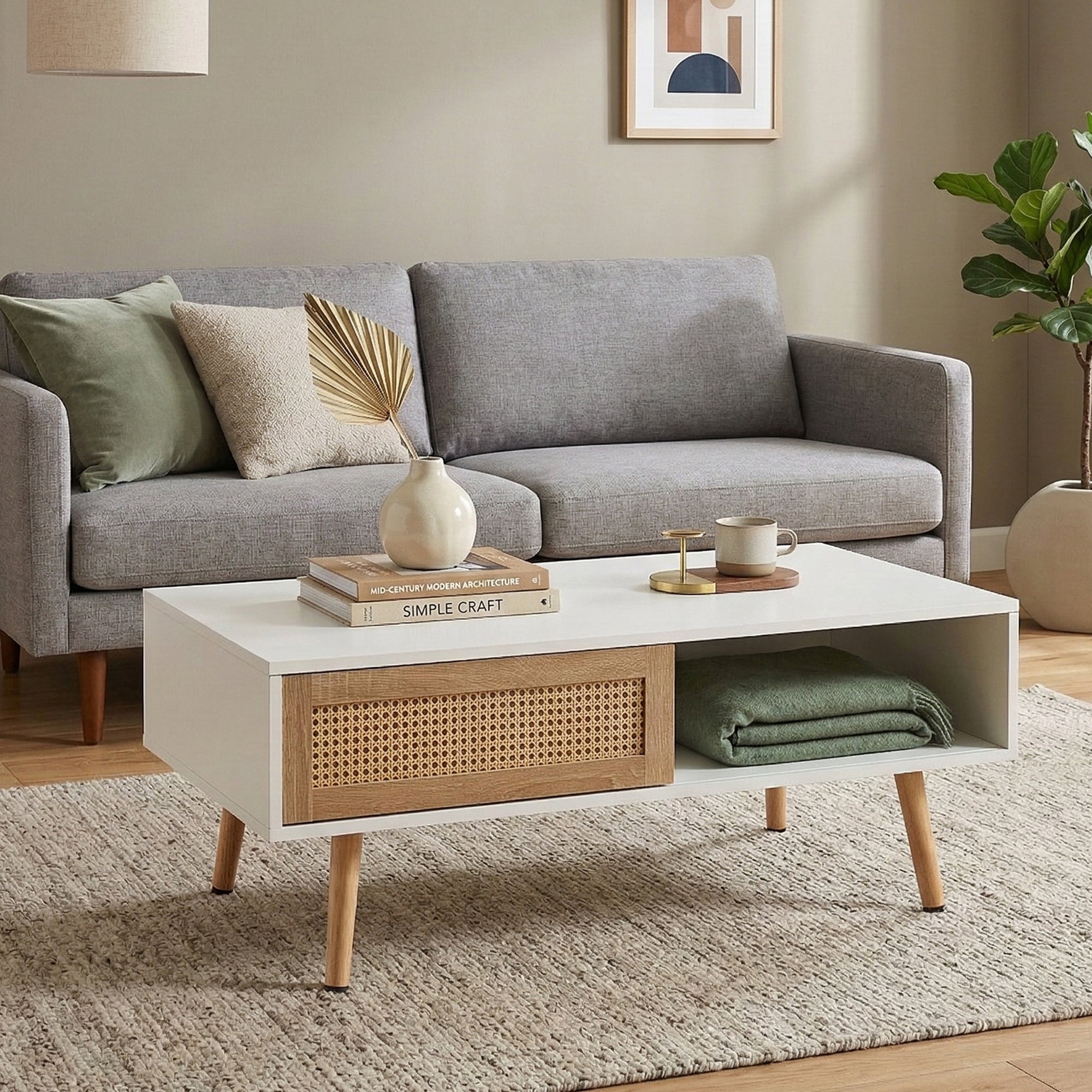 41.34" Rattan Coffee table, sliding door for storage, solid wood legs – view 3