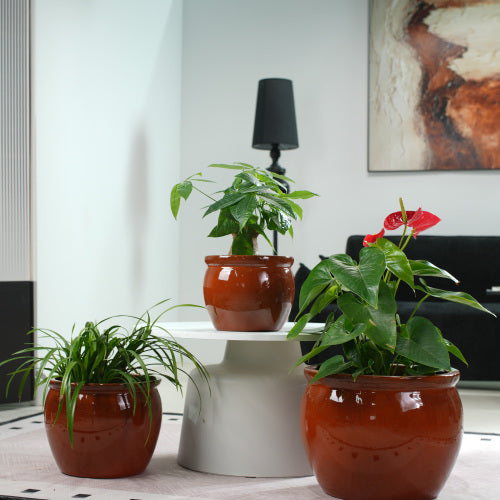 Handmade Rust-Red&Dark Green Ceramic Plant Pots Set of 3, 15/12/9 Inch Diameter,, Indoor & Outdoor Flower Pots for Tables, Couchside, Balcony & Garden, Breathable Clay with Drainage Hole