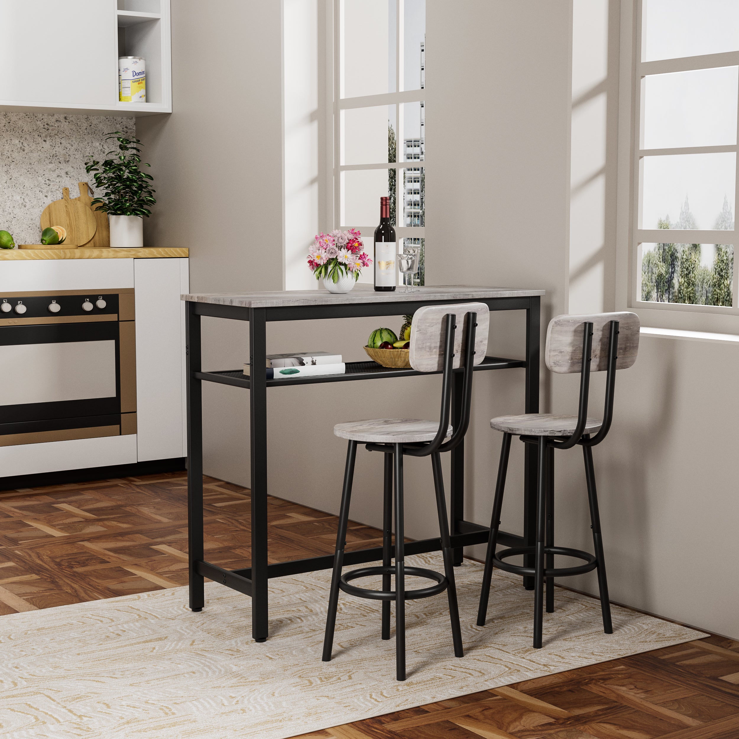 Bar Table and Chairs Set, Square Table With 2 Stools, Dining Pub Set for 2, Space Saving for Kitchen Breakfast, Living Room, Party Room, Grey